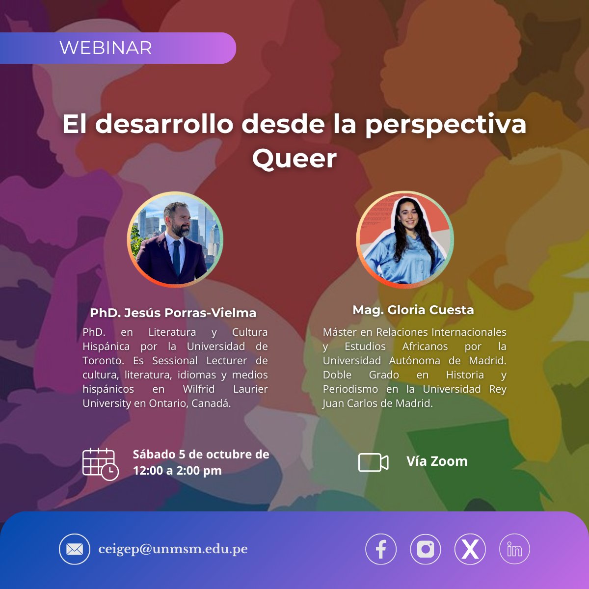 ceigep_unmsm's tweet photo. 🌟 #CEIGEP_WEBINAR | "Desarrollo desde una Perspectiva Queer" 🌟

📅 Fecha: Sábado 5 de octubre
⏰ Hora: 12:00 pm - 2:00 pm

🔗 Enlace de Zoom: https://t.co/KIKD7c0HMM

¡Te esperamos para una discusión transformadora! 💜💡

#WebinarCEIGEP #DesarrolloQueer #PerspectivaQueer https://t.co/Es2xoNldsE