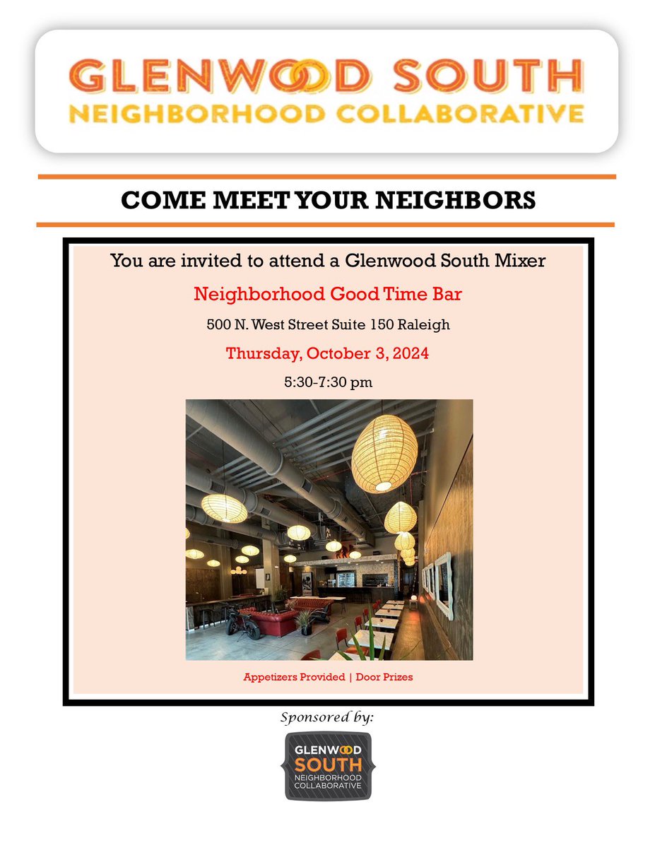 Glenwood South(GSNC) (@glenwood_south) on Twitter photo Join GSNC and friends for a social hour or two Thursday night at Neighborhood Good Time Bar in Smoky Hollow 5:30-7:30. Great door prizes & food. <a href="/DowntownRaleigh/">Downtown Raleigh Alliance</a> <a href="/RaleighDowntown/">Raleigh Downtown</a> <a href="/smokyhollowral/">shraleigh</a> <a href="/ShopLocRaleigh/">Shop Local Raleigh</a> <a href="/raleighwhatsup/">RaleighWhatsUp</a> Join GSNC and friends for a social hour or two Thursday night at Neighborhood Good Time Bar in Smoky Hollow 5:30-7:30. Great door prizes & food. <a href="/DowntownRaleigh/">Downtown Raleigh Alliance</a> <a href="/RaleighDowntown/">Raleigh Downtown</a> <a href="/smokyhollowral/">shraleigh</a> <a href="/ShopLocRaleigh/">Shop Local Raleigh</a> <a href="/raleighwhatsup/">RaleighWhatsUp</a>