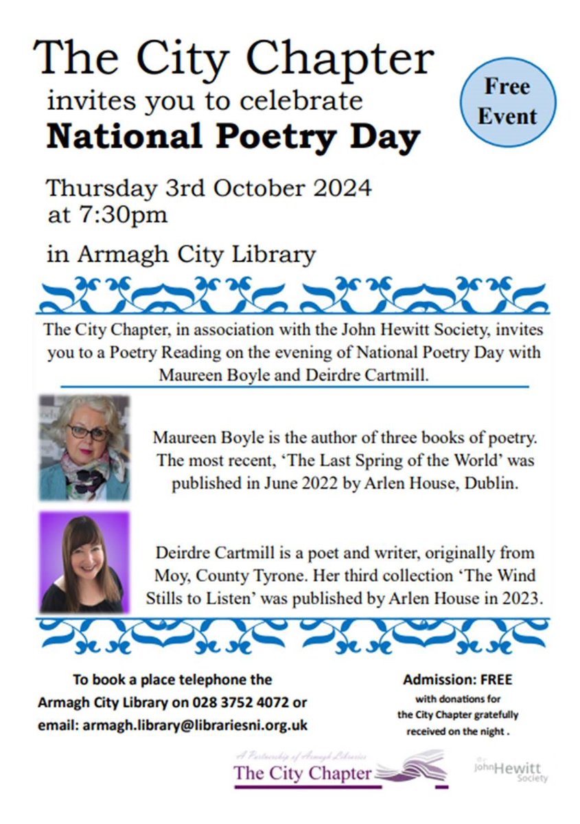 #NationalPoetryDay Join us Thursday 3rd, 7.30pm, Armagh City Library with readings from Maureen Boyle and Deirdre Cartmill. #countdown #free