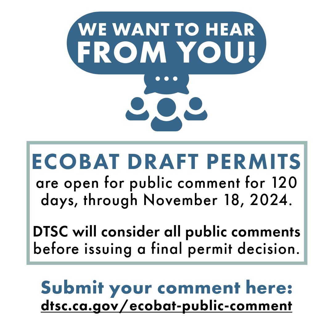 CaliforniaDTSC's tweet image. The next #Ecobat (#Quemetco) public hearing will be on Wednesday, Oct. 23, 5:30-8pm at the La Puente High School Gymnasium:

📍 15615 Nelson Ave E
La Puente, CA 91744

More details: dtsc.ca.gov/ecobat-permit-…

📩Submit a comment:
dtsc.ca.gov/ecobat-public-…