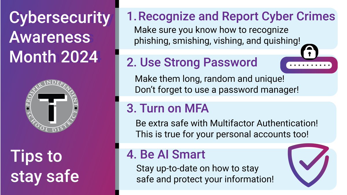 Technology Department at Prosper ISD (@technologypisd) on Twitter photo Level up your online safety! October is Cybersecurity Awareness Month. The <a href="/ProsperISD/">Prosper ISD</a> Technology Department is dedicated to keeping our district secure!
#CybersecurityAwarenessMonth Level up your online safety! October is Cybersecurity Awareness Month. The <a href="/ProsperISD/">Prosper ISD</a> Technology Department is dedicated to keeping our district secure!
#CybersecurityAwarenessMonth