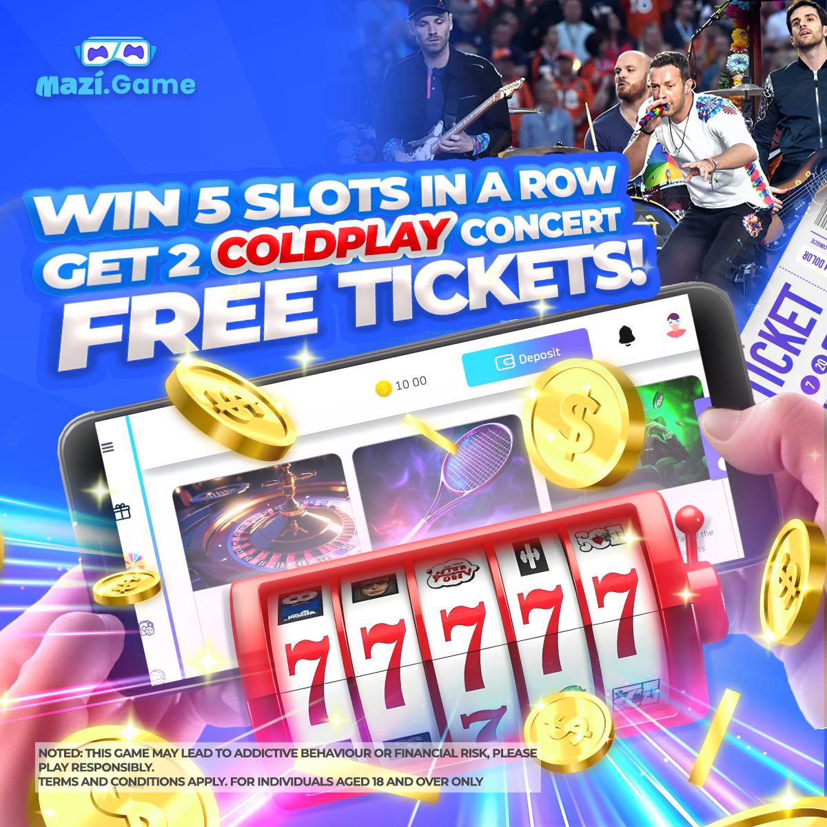 Spin, win, and catch Coldplay live in Abu Dhabi! 🎶 

Win 5 slots in a row on MaziGame and score 2 FREE concert tickets. 

Let’s play to win! 

#CryptoGaming #MaziGame #Coldplay #AbuDhabi #WinBig #PlayToWin #Giveaway