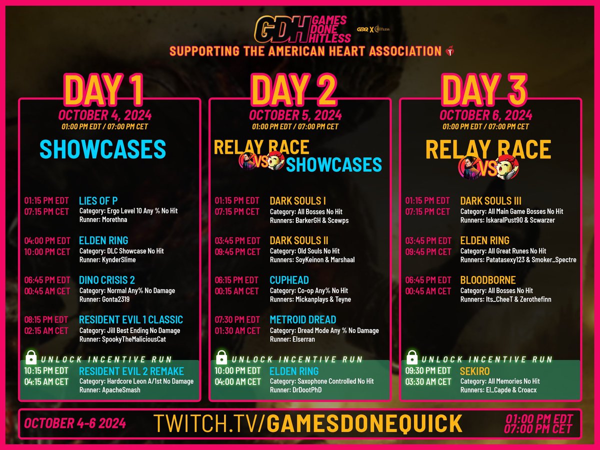 Vamos a participar en el Evento de Games Done Hitless! Un evento de <a href="/GamesDoneQuick/">Games Done Quick</a> y <a href="/TeamHitless/">Team Hitless</a> para recaudar dinero para <a href="/American_Heart/">American Heart Association</a> !

Nuestra partida será retransmitida en directo el 4 de Octubre a las 22:15 hora española y tendremos a <a href="/Hyakujin/">Hyaku</a> y <a href="/puppery_/">Puppery</a> de casters!