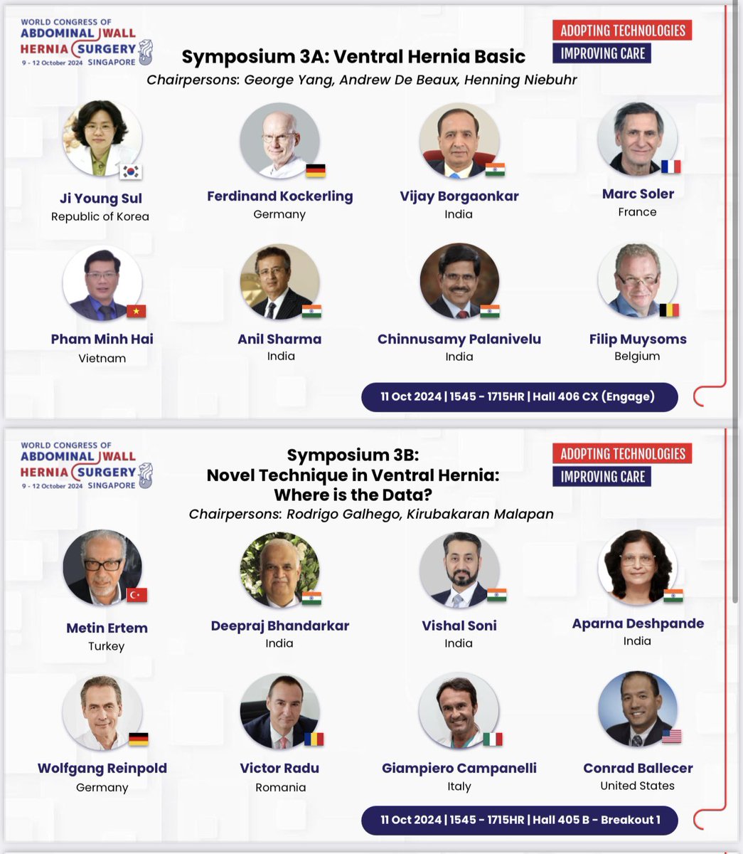 ELSA_surgeons's tweet photo. Introducing our esteemed speakers for Symposiums 3A: Ventral Hernia Basic, Symposium 3B: Novel Technique in Ventral Hernia, Symposium 3C: Complications in Hernia Surgery, and Symposium 3D: The Wall in Asia. https://t.co/DVnn64DTgw