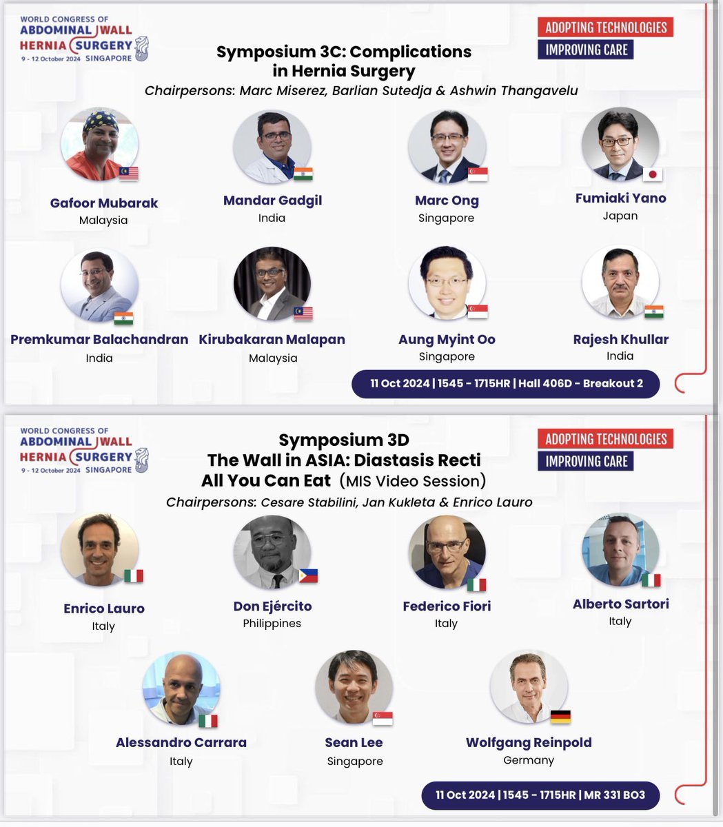 ELSA_surgeons's tweet photo. Introducing our esteemed speakers for Symposiums 3A: Ventral Hernia Basic, Symposium 3B: Novel Technique in Ventral Hernia, Symposium 3C: Complications in Hernia Surgery, and Symposium 3D: The Wall in Asia. https://t.co/DVnn64DTgw