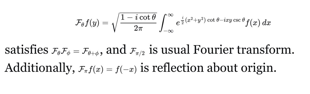 You’re probably familiar with Fourier transforms. But, did you know that it can be viewed as a 90° rotation in the time-frequency domain and we can rotate by any angle via fractional Fourier transform.
Explains why applying FT twice gives reflection (rotation by 180°).