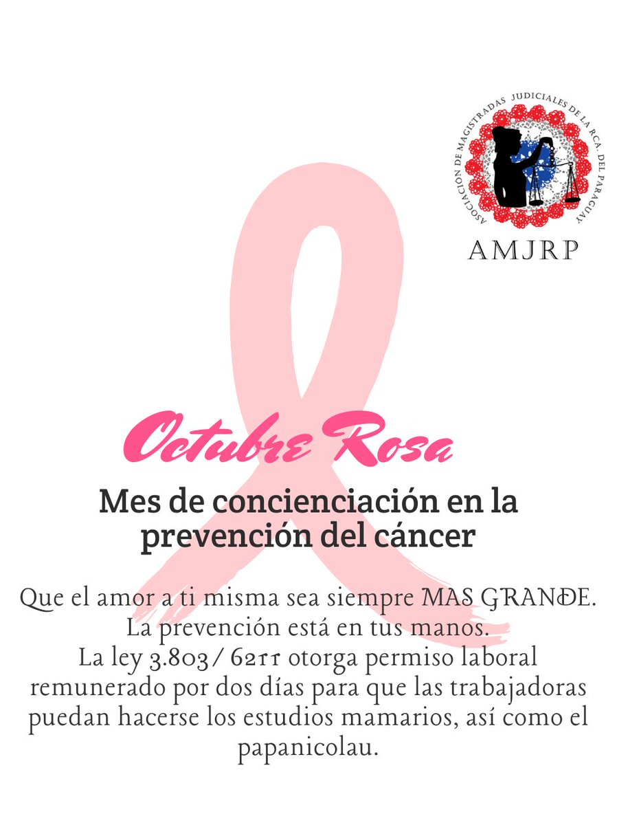 ¡No te quedes sin tu chequeo anual!. 

 Este octubre rosa🌸, la Asociación de Magistradas Judiciales de la República del Paraguay te recuerda la importancia de la prevención.
 Porque la prevención es el mejor aliado.
#AMJRP🌸🇵🇾 
#OctubreRosa