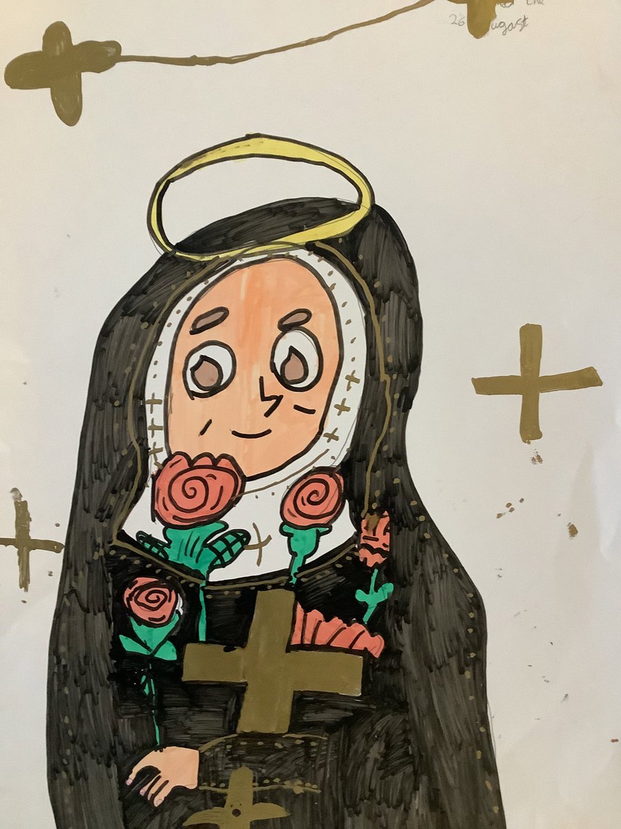 SJBsolihull's tweet photo. As we begin ‘Little Way’ week we remember Saint Thérèse of Lisieux.  Year 5 took flowers with messages across the school to share in her vocation of love.  They produced artwork to share with the school.🌹 #actsofkindness #LittleWayWeek @OurLadyandAllS1 @BCPP__ https://t.co/1tEtbxmo4D