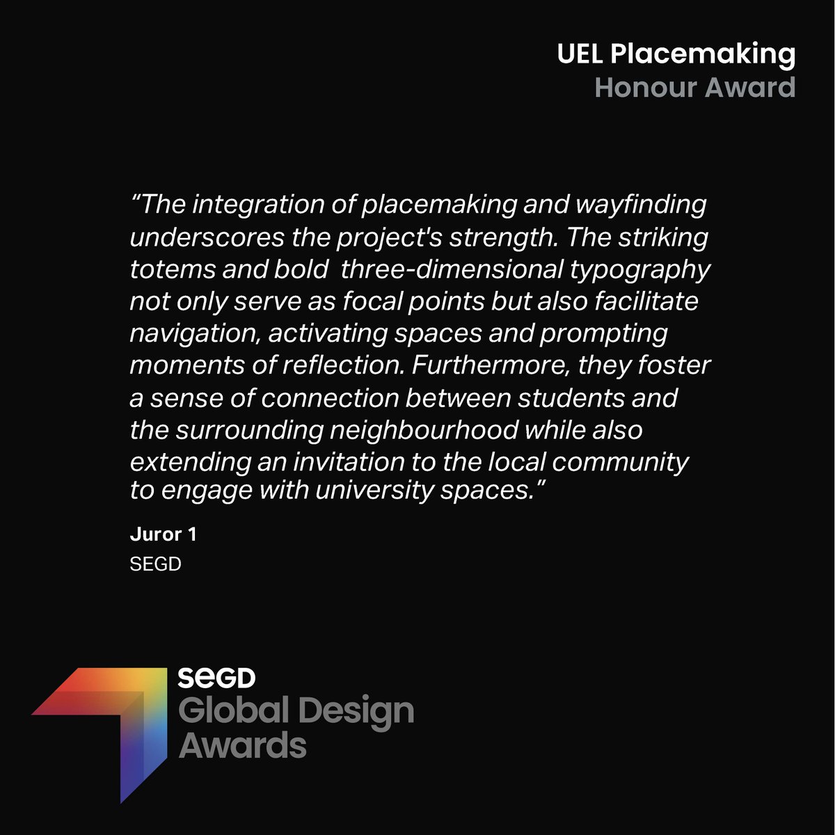 Yesterday, we announced our UEL project won an Honour Award at the 2024 <a href="/SEGD/">SEGD</a> Global Design Awards! 

Today, we’re sharing the jurors' feedback and a video of our work.

Watch the video here: youtu.be/dGTTtP2JNyY

#weareendpoint #Wayfinding #Placemaking #ExperientialDesign