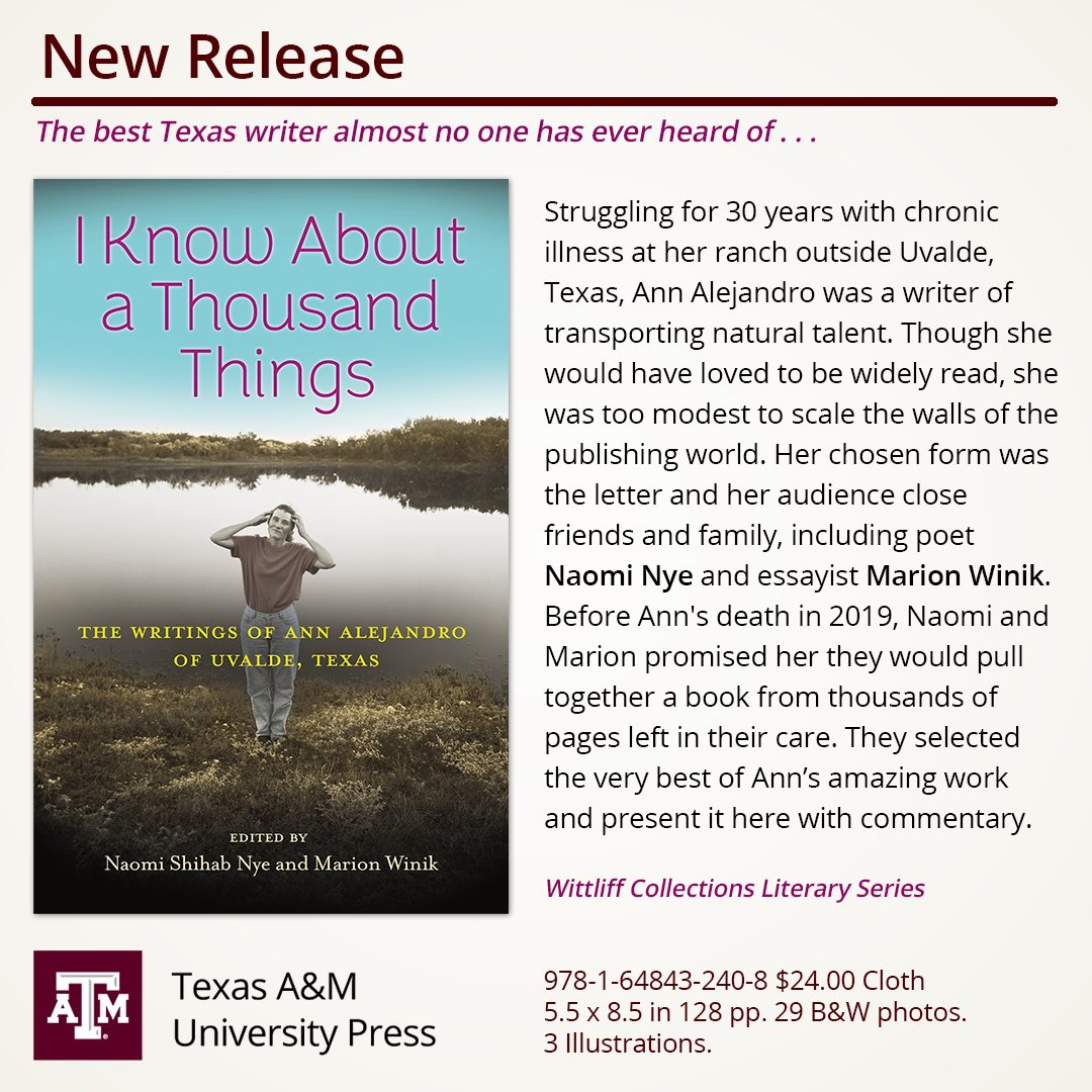 Texas A&M Press (@tamupress) on Twitter photo Releasing today is a highly anticipated, extraordinary collection of writing put together by two longtime literary friends in tribute to a third. bit.ly/3TQeS5Z
<a href="/YPPLaureate/">Naomi Shihab Nye</a> <a href="/marionwinik/">Marion Winik</a> <a href="/TheWittliff/">Wittliff Collections</a> Releasing today is a highly anticipated, extraordinary collection of writing put together by two longtime literary friends in tribute to a third. bit.ly/3TQeS5Z
<a href="/YPPLaureate/">Naomi Shihab Nye</a> <a href="/marionwinik/">Marion Winik</a> <a href="/TheWittliff/">Wittliff Collections</a>