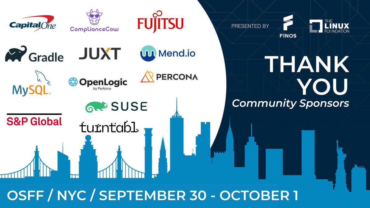 FINOS (@finosfoundation) on Twitter photo 👏 THANK YOU to the Community Sponsors of our #OpenSource in #Finance Forum NYC - @capitalone <a href="/FujitsuPostgres/">Fujitsu Postgres</a> <a href="/gradle/">Gradle</a> <a href="/juxtpro/">JUXT</a> <a href="/Mend_io/">Mend.io</a> #MySQL @percona <a href="/perforce/">Perforce Software</a> <a href="/SPGlobal/">S&P Global</a> <a href="/SUSE/">SUSE</a> <a href="/turntablio/">turntabl</a>! 🎫 hubs.ly/Q02RG5hB0
#OSinFinance #OSFF2024 #financialservices 👏 THANK YOU to the Community Sponsors of our #OpenSource in #Finance Forum NYC - @capitalone <a href="/FujitsuPostgres/">Fujitsu Postgres</a> <a href="/gradle/">Gradle</a> <a href="/juxtpro/">JUXT</a> <a href="/Mend_io/">Mend.io</a> #MySQL @percona <a href="/perforce/">Perforce Software</a> <a href="/SPGlobal/">S&P Global</a> <a href="/SUSE/">SUSE</a> <a href="/turntablio/">turntabl</a>! 🎫 hubs.ly/Q02RG5hB0
#OSinFinance #OSFF2024 #financialservices