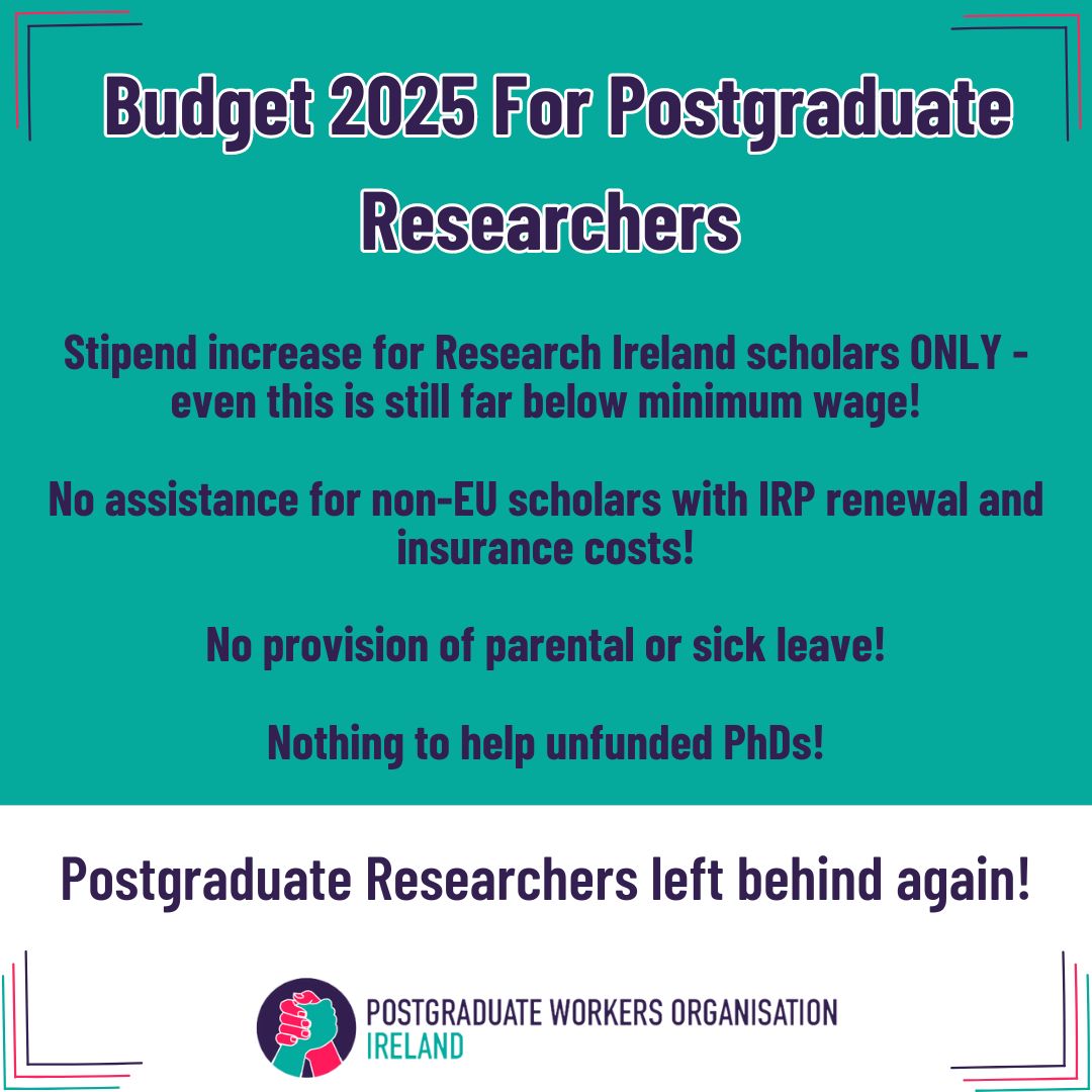 Today’s announcement of #Budget2025 includes a very modest increase to a limited number of PhD stipends. 

This does not cover the majority of PhDs in Ireland who are funded by other bodies or not funded at all, and it still leaves all PhD stipends below the minimum wage. 

🧵1/4