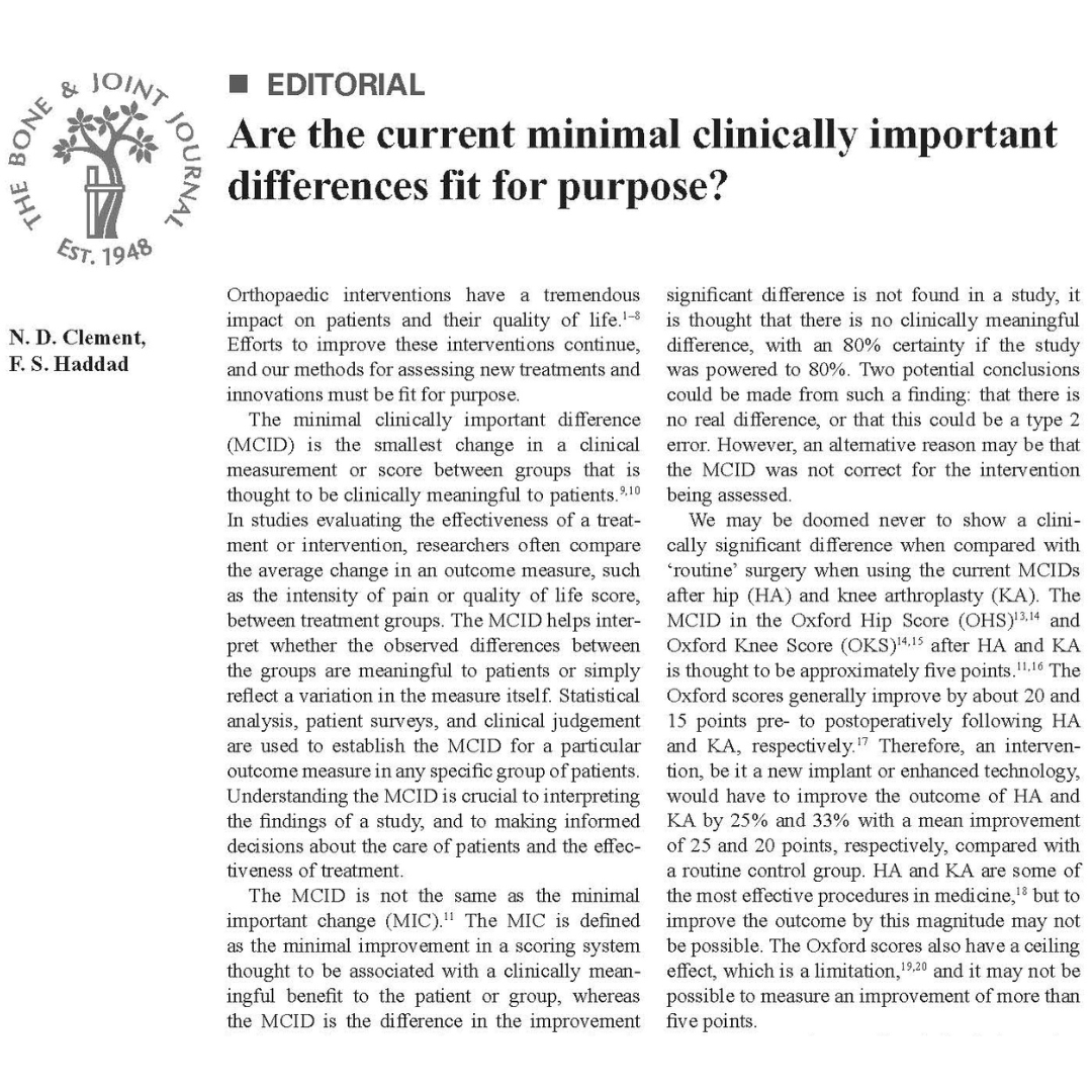 The Bone & Joint Journal (@bonejointj) on Twitter photo By current standards, the MCIDs for most joint-specific outcome measures would probably result in the conclusion that there was no clinically meaningful difference for a TKA or THA – an illogical conclusion.
#BJJ #OrthoTwitter #Research <a href="/bjjeditor/">Prof Fares Haddad</a>
ow.ly/zjZy50TAcYy By current standards, the MCIDs for most joint-specific outcome measures would probably result in the conclusion that there was no clinically meaningful difference for a TKA or THA – an illogical conclusion.
#BJJ #OrthoTwitter #Research <a href="/bjjeditor/">Prof Fares Haddad</a>
ow.ly/zjZy50TAcYy