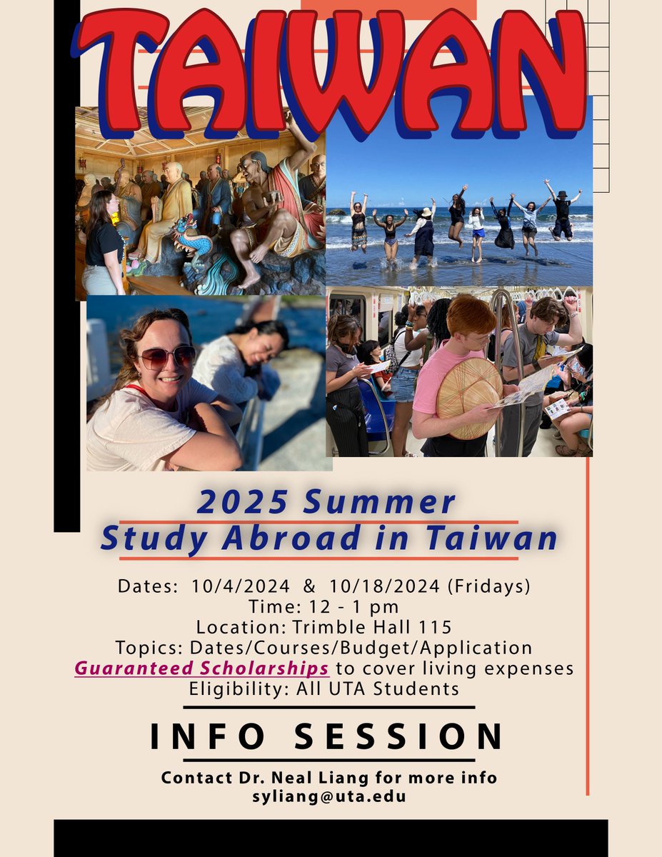 UTA is going to Taiwan in 2025!

There will be two information meetings in Trimble Hall 115 on October 4 and October 18 at noon.

See you there!