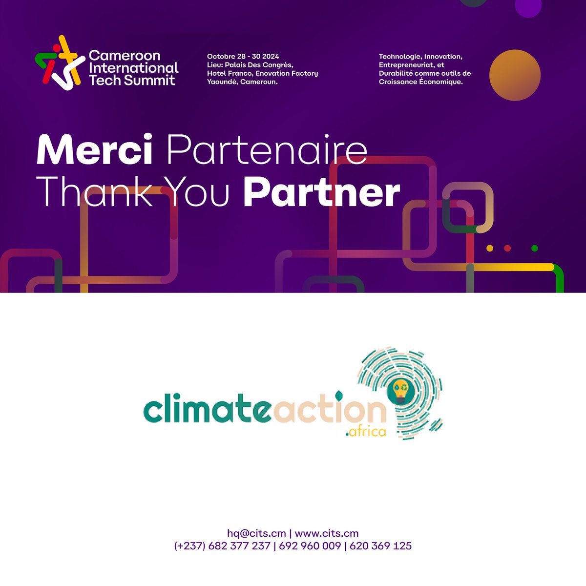 Thank you, Climate Action, for being a Key Partner to CITS24!

Visit citscm.com to register your interest

#cits24 #tech #innovation #entrepreneurship #startup #Cameroon #sustainability #africa #giz #unsustainablegoals #pnudcameroun #mountainhub #ClimateAction