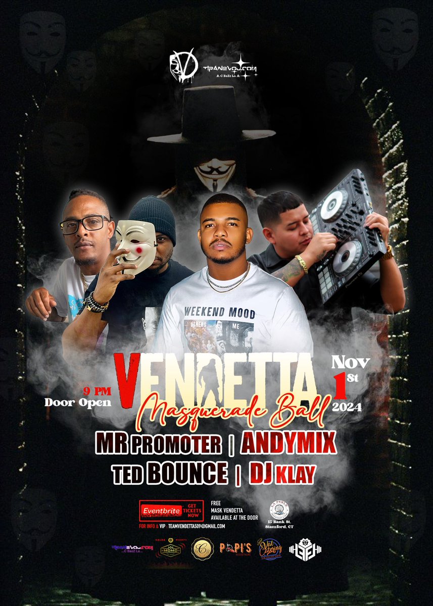 agni_509's tweet photo. Come join us for a night of fun and celebration in Stamford,CT on the November 1st,2024!
Sounds by :
@tedbounce 
@mrpromoter82 
@andymixdoubleface 
@klaythedj 
Get your tickets now on eventbrite. 
For VIP Reservation please contact us:
Teamvendetta509@gmail.com @teamvendetta509 https://t.co/WxDNprMVqK