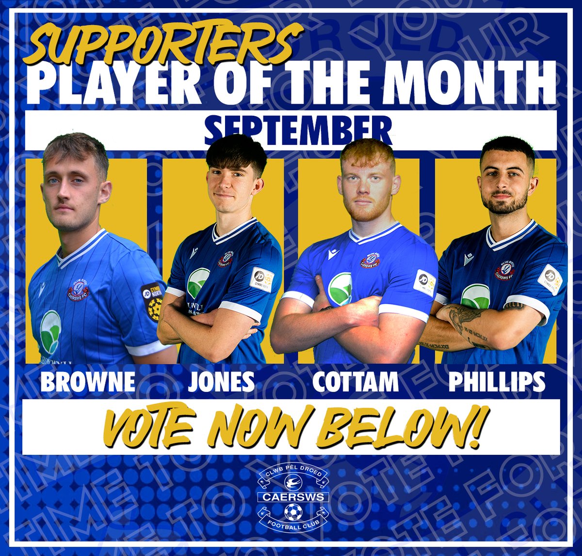 caerswsfc's tweet image. It&apos;s that time again to vote for your player of the month for September from the coaches shortlist. Vote below 👇 #sws #bluebirds
