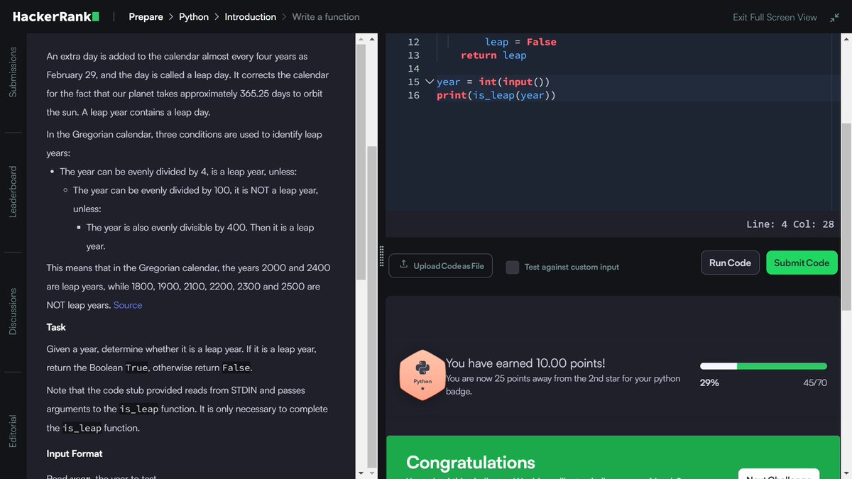 subratakuila01's tweet image. Day 5: Today i solved two problems from @hackerrank. 1. Write function and 2. Print function.
#Python #CodeChallenge #21DaysOfCode