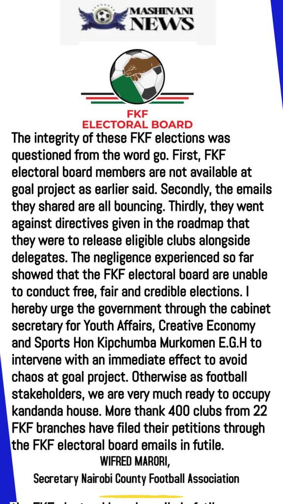 FKF electoral board are not upto the task. They are not in their physical office, the emails they gave are bouncing, more than 400 club illegalities from 22 counties have been filed online but in futile. It is time to occupy kandanda house <a href="/kipmurkomen/">KIPCHUMBA MURKOMEN, E.G.H</a> <a href="/FIFAcom/">FIFA</a> <a href="/CAF_Online/">CAF Online</a>