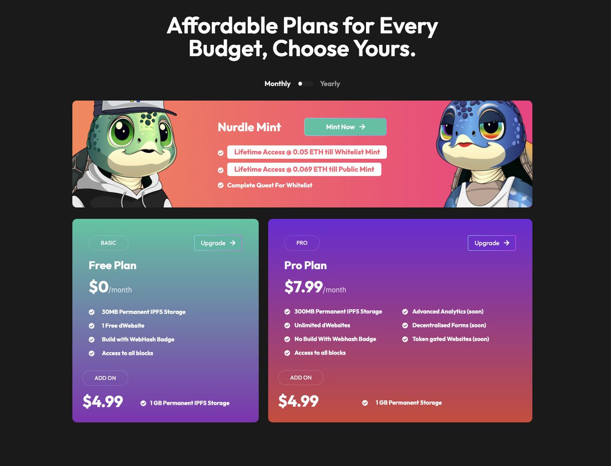 🔥 Big News! Our pricing plans for WebHash.com are now live! Whether you’re just starting out or need pro features, we’ve got a plan for everyone. 🚀

• Free Plan: 30MB Permanent IPFS storage + 1 free dWebsite 🌐
• Pro Plan: 300MB storage, unlimited dWebsites, and