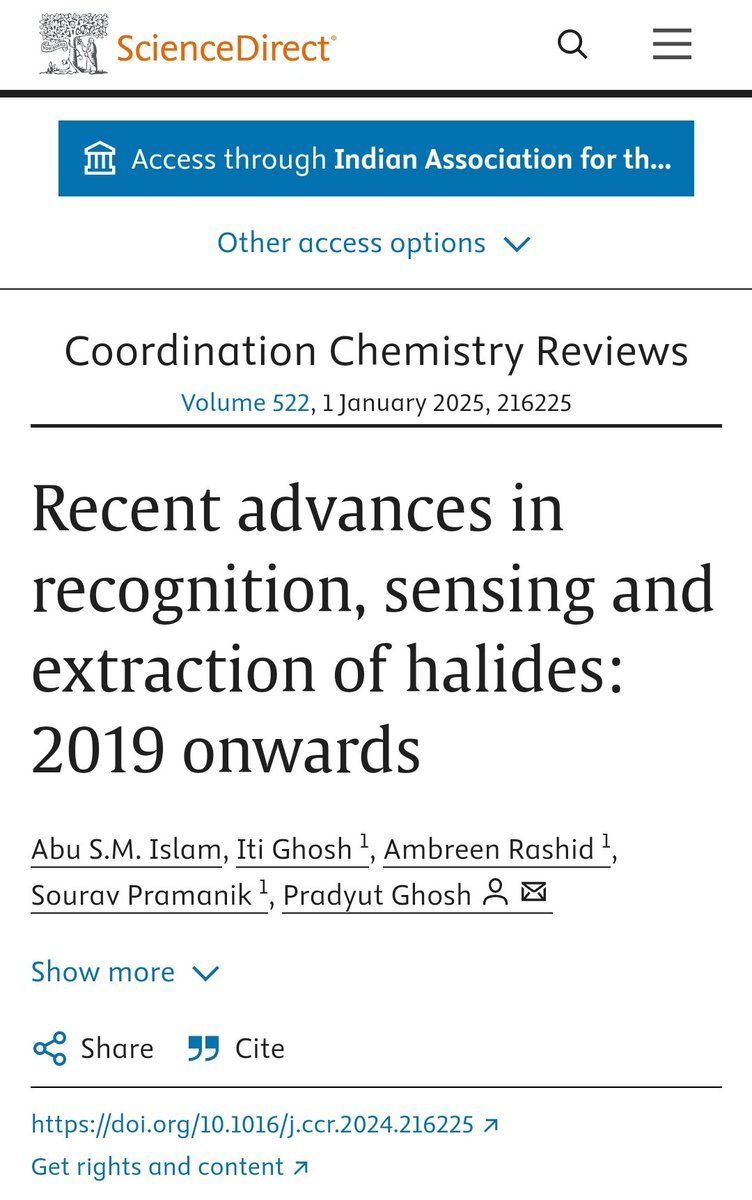 Glad to share our recent review article "Recent advances in recognition, sensing and extraction of halides :2019 onwards" published in Coordination Chemistry Reviews. 
Congratulations to <a href="/sourav_spch_30/">Sourav Pramanik</a>, <a href="/Rajib8697/">Abu Saleh Musha Islam</a>, <a href="/PRADYGHOSH/">PRADYUT GHOSH</a> . kwnsfk27.r.eu-west-1.awstrack.me/L0/https:%2F%2…