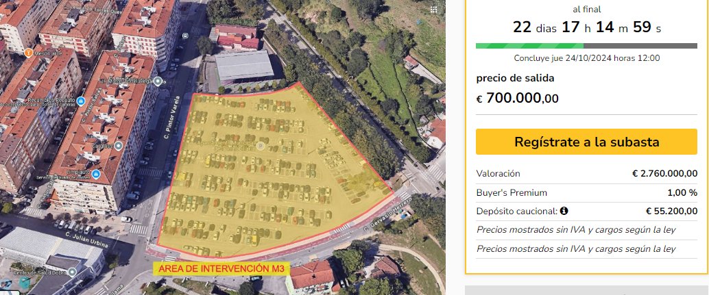 📷📷 Aquí va la noticia bomba.📷📷
Abro hilo:

Quiero compartir un asunto que podría interesar a muchos de nosotros. El 24 de octubre, se subastará un enorme aparcamiento GRATUITO que es parte de nuestra rutina diaria. 📷 Es el parking de la inmobiliaria de la C/ Pintor Varela.