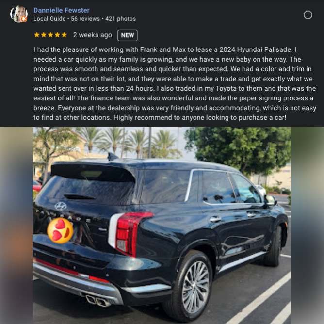 Tustin_Hyundai's tweet image. Dannielle, we're so glad to hear that Frank and Max were able to get you situated into a Palisade for your growing family. Congrats on your new bundle of joy coming soon, and WELCOME to the Patterson family! 

#happycustomer #realreview #googlereview