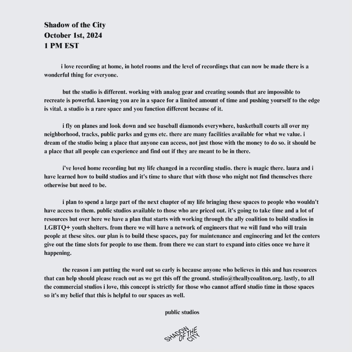 public studios 

in progress 

e mail studio@theallycoalition.org if have resources and help