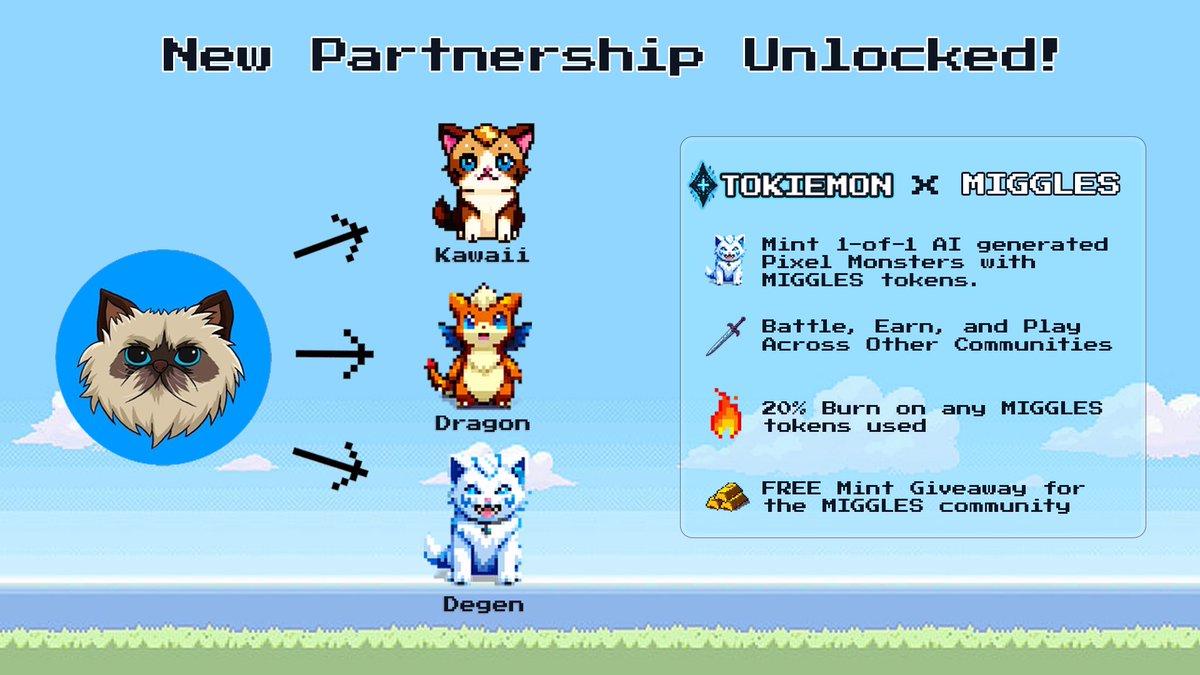 We're pumped to announce our partnership with <a href="/MrMigglesOnBase/">Mr. Miggles</a> 🐱

gmiggles, uptober is here &amp; the #tokiemon beta launch is today @ 22:00 UTC exclusively on <a href="/base/">Base</a> 🔵

😼 Use $MIGGLES to mint 1-of-1 miggles pixel monsters and get straight to spanking the opps