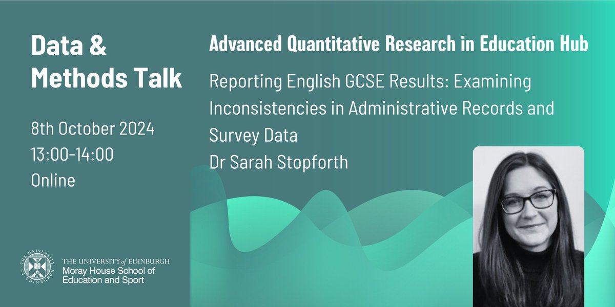 Advanced Quantitative Research in Education Hub (@aqrie_hub) on Twitter photo 📢We are very excited to be back with our <a href="/AQRiE_Hub/">Advanced Quantitative Research in Education Hub</a> <a href="/MorayHouse/">Moray House School of Education and Sport</a> seminar series!🎊Delighted to welcome <a href="/StopforthSarah/">Sarah Stopforth</a> from the University of York to talk about data inconsistencies in reporting English GCSE results. Register now and join us on Zoom! 👇 eventbrite.co.uk/e/reporting-gc… 📢We are very excited to be back with our <a href="/AQRiE_Hub/">Advanced Quantitative Research in Education Hub</a> <a href="/MorayHouse/">Moray House School of Education and Sport</a> seminar series!🎊Delighted to welcome <a href="/StopforthSarah/">Sarah Stopforth</a> from the University of York to talk about data inconsistencies in reporting English GCSE results. Register now and join us on Zoom! 👇 eventbrite.co.uk/e/reporting-gc…