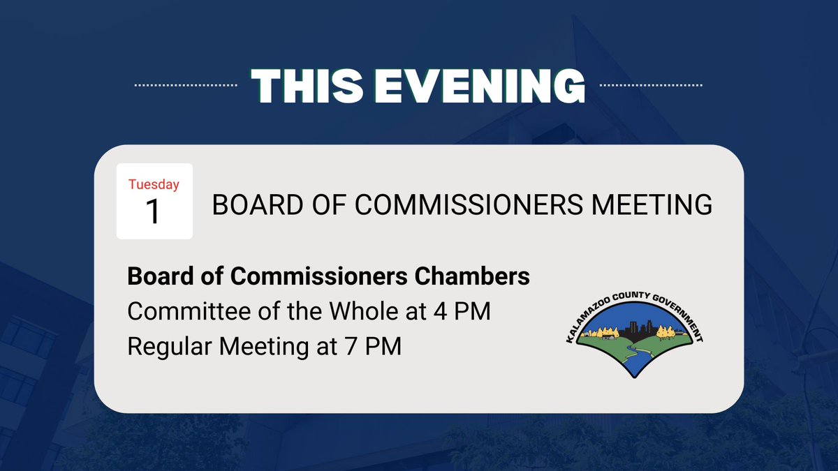KalamazooCounty's tweet photo. Board meetings are held at the Kalamazoo County Administration Building located at 201 W. Kalamazoo Ave. Kalamazoo, MI 49007. Join us in person or catch the livestream on https://t.co/SXAUXnMMhN, YouTube, Facebook, or right here on Twitter/X. 📢 https://t.co/iZCPvo696o