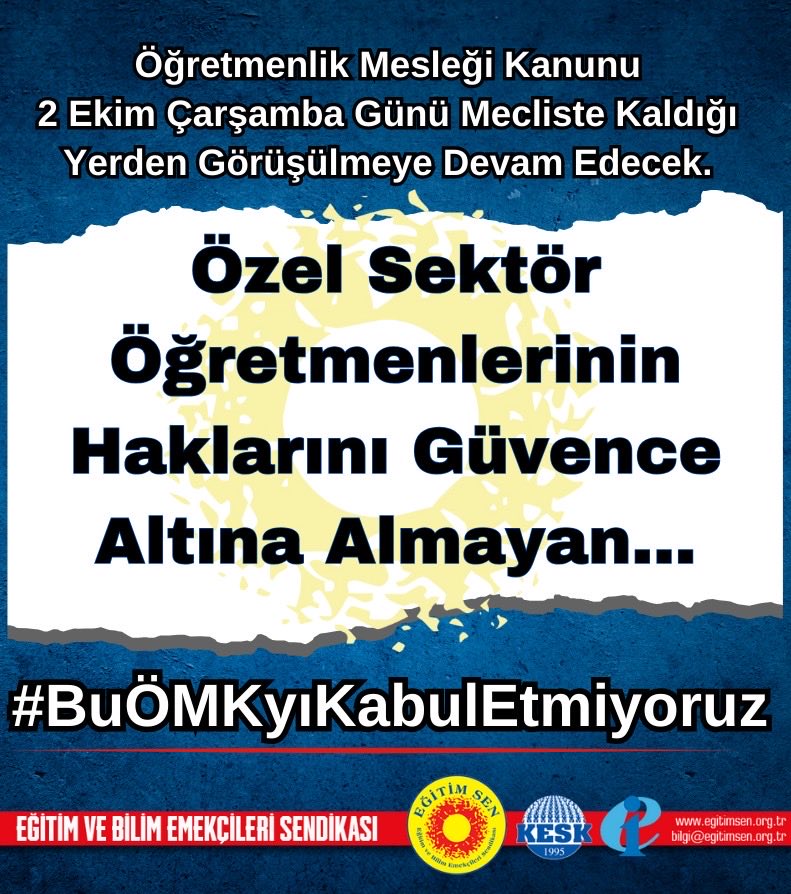 Özel okullarda,kurslarda,özel eğitim ve rehabilitasyon merkezlerinde çalışan öğretmenler de MEB’in birer çalışanıdır.Özlük hakları ve çalışma koşulları iyiyleştirilmeli,2014’te kaldırılan taban maaş uygulaması geri getirilmelidir ⁦<a href="/ogretmensendika/">Özel Sektör Öğretmenleri Sendikası</a>⁩
#BuÖMKyıKabulEtmiyoruz