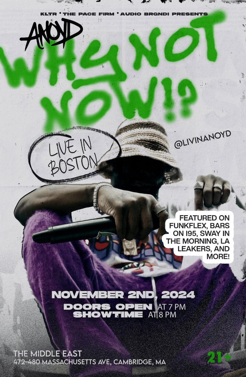 EightyHDMusic's tweet image. .@LivinANoyd’s #WHYNOTNOW!? comes to BOSTON ☘️
SATURDAY, NOVEMBER 2

🎟️: ticketweb.com/event/anoyd-mi…