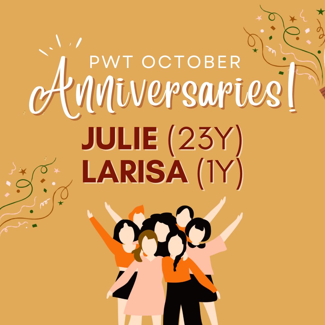 PWToastmasters's tweet image. Happy October and a big PWT shout-out to two of our members celebrating anniversaries with the club this month: Julie (23 years) and Larisa (1 year). Here’s to many more years growing and learning together! 

#Toastmasters #ProfessionalWomen #PublicSpeaking