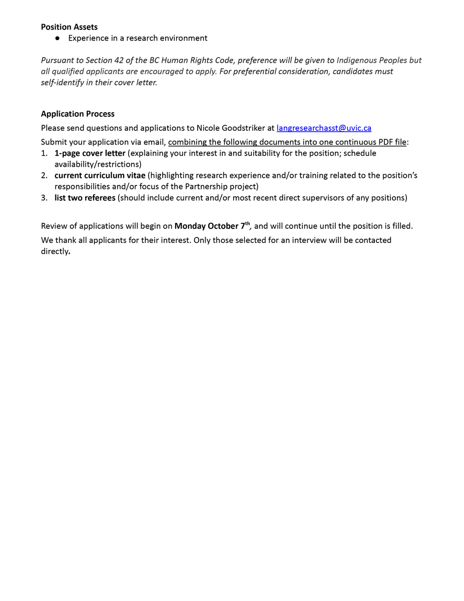 HIRING: Research Assistant NEȾOLṈEW̱ Partnership <a href="/uvic/">UniversityOfVictoria</a>  

📆Review of applications will begin on Monday October 7, and will continue until the position is filled.