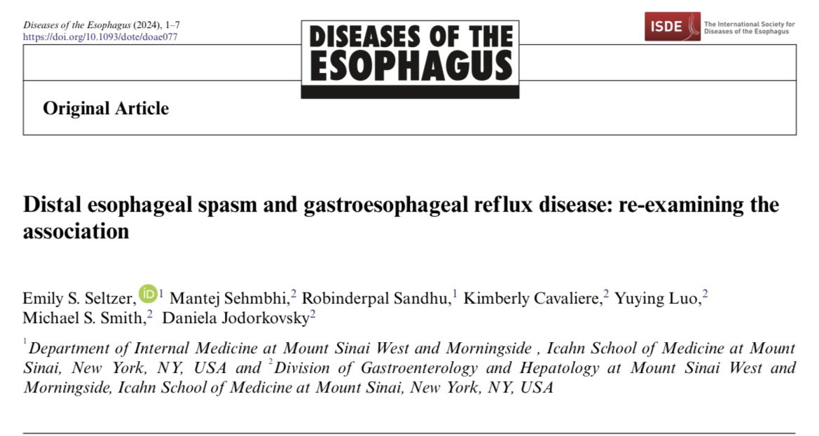 Emily Seltzer, DO, MS (@dremilyseltzer) on Twitter photo Proud to share our group’s work in <a href="/DOTEsophagus/">Diseases of the Esophagus Journal</a> assessing DES at the <a href="/MountSinaiGI/">Mount Sinai Division of Gastroenterology</a> motility center
✨We looked @ the question: What differences exist in pts w/ DES+GERD vs DES-GERD?
✨One of the 1st to utilize the Lyon 2.0 Consensus in reexamining DES
academic.oup.com/dote/article-a… Proud to share our group’s work in <a href="/DOTEsophagus/">Diseases of the Esophagus Journal</a> assessing DES at the <a href="/MountSinaiGI/">Mount Sinai Division of Gastroenterology</a> motility center
✨We looked @ the question: What differences exist in pts w/ DES+GERD vs DES-GERD?
✨One of the 1st to utilize the Lyon 2.0 Consensus in reexamining DES
academic.oup.com/dote/article-a…