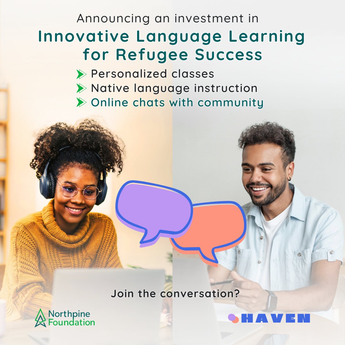 We're excited to invest in Haven's initiative to enhance language learning for refugees in Canada! 
Volunteer for 30-minute online chats with refugees—no teaching experience required, just the desire to help! northpinefoundation.ca/blog/supportin… #NorthpineFoundation #Refugees #Language #haven