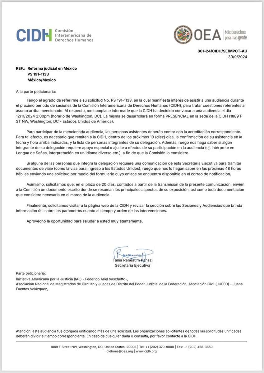Lupita Hinojosa (@lupita_hinojosa) on Twitter photo La <a href="/CIDH/">CIDH - IACHR</a> señala como fecha de audiencia el 12 de noviembre de 2024, para tratar el tema relativo a la reforma judicial en México. La <a href="/CIDH/">CIDH - IACHR</a> señala como fecha de audiencia el 12 de noviembre de 2024, para tratar el tema relativo a la reforma judicial en México.
