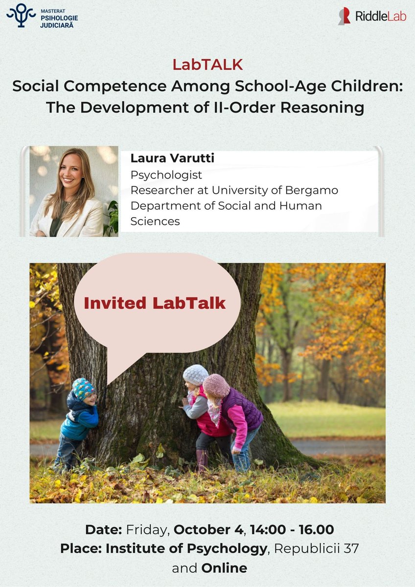RiddleLab_UBB's tweet image. LabTALK Series continues with another fantastic collaborative event featuring our new RiddleLab guest Laura Varutti, psychologist &amp;amp; researcher, University of Bergamo.
𝐎𝐮𝐫 𝐑𝐢𝐝𝐝𝐥𝐞𝐋𝐚𝐛 𝐦𝐞𝐦𝐛𝐞𝐫𝐬 &amp;amp; 𝐯𝐨𝐥𝐮𝐧𝐭𝐞𝐞𝐫𝐬 𝐜𝐚𝐧 𝐣𝐨𝐢𝐧 𝐢𝐧 𝐩𝐞𝐫𝐬𝐨𝐧/𝐨𝐧𝐥𝐢𝐧𝐞.