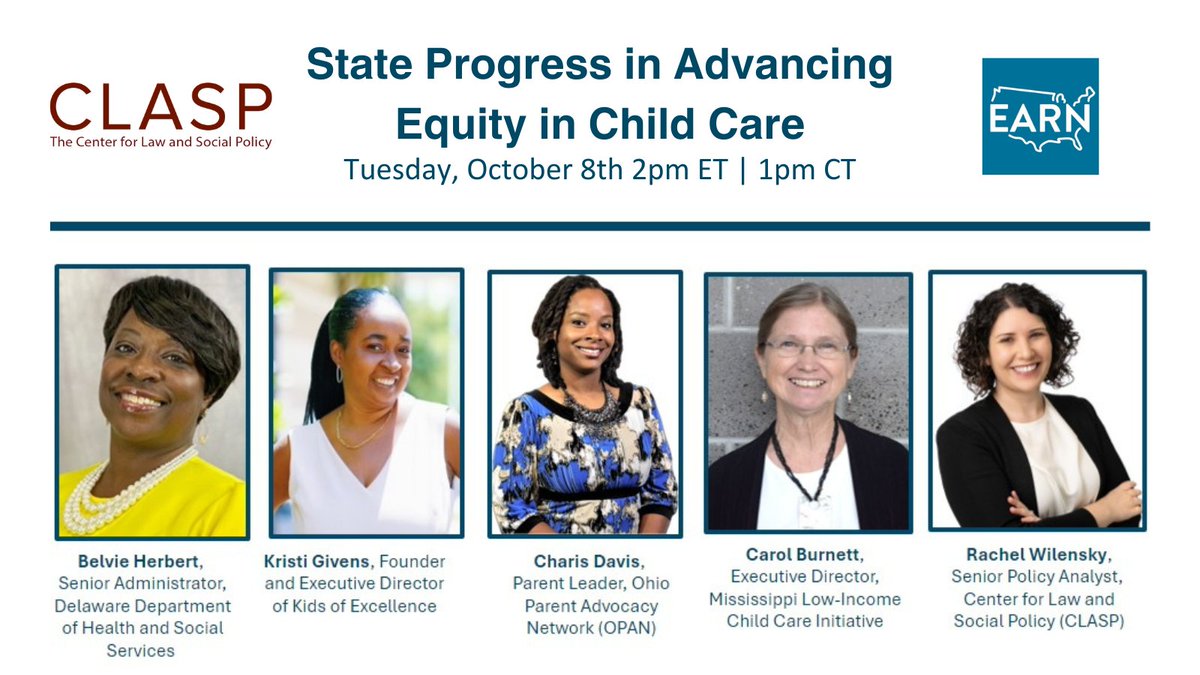 Tune in on 10/8 at 2pm for <a href="/CLASP_DC/">CLASP</a> and <a href="/EconomicPolicy/">Economic Policy Institute</a>'s <a href="/EARNetwork/">Economic Analysis and Research Network (EARN)</a> webinar on state progress in advancing equity in child care. Register here to join our fantastic panelists and moderator <a href="/RWilensky/">Rachel Wilensky</a> next week! ⬇️
us06web.zoom.us/meeting/regist…