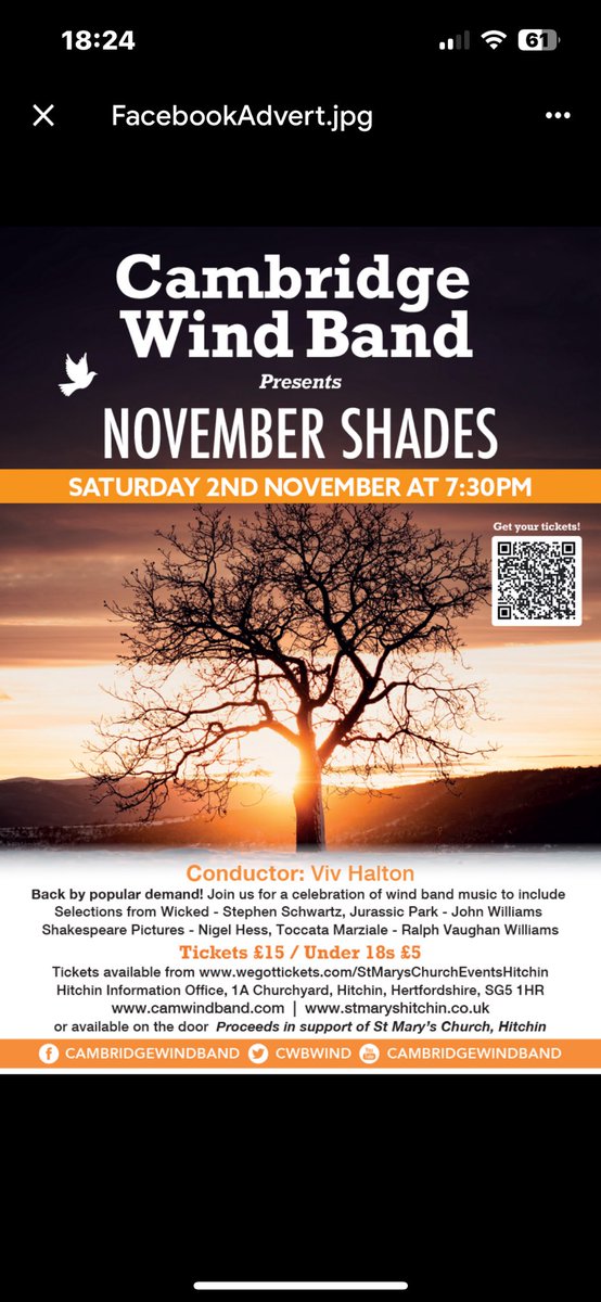 Tickets are on sale for our Autumn concert from the barnstorming Cambridge Wind Band, they’ll blow your socks off! Online at WeGotTickets, Hitchin Information Office or on the door from
6.45pm on Saturday 2nd November! Bar &amp; prize raffle on the night!