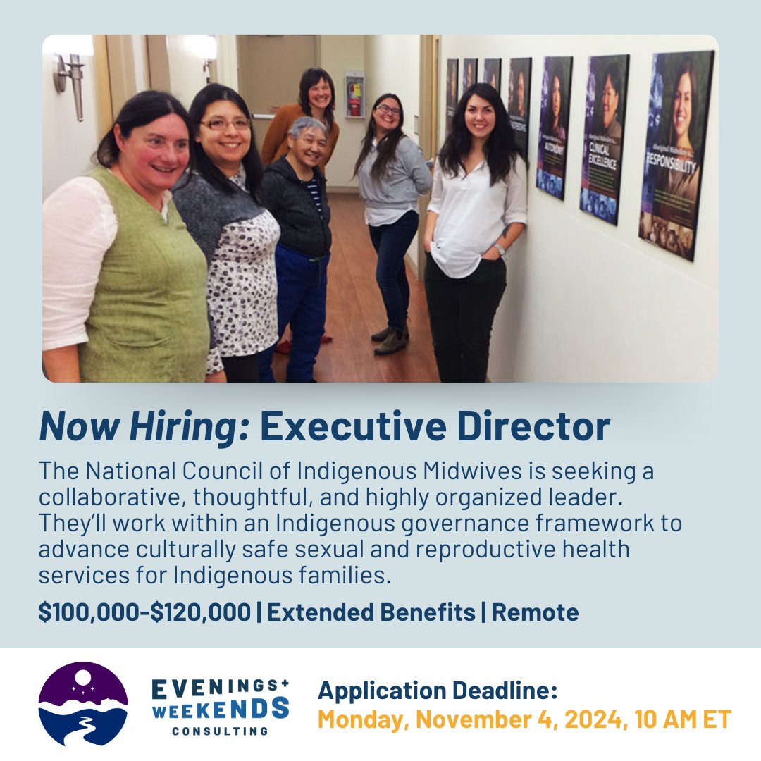 We're supporting <a href="/NCIMidwives/">The National Council of Indigenous Midwives (NCIM)</a> in their search for a new Executive Director!

They'll help to carry out NCIM's vision and mission and build relationships with Indigenous communities, Indigenous midwives, and all levels of government. 

Apply by November 4: eveningsandweekendsconsulting.com/recruitment