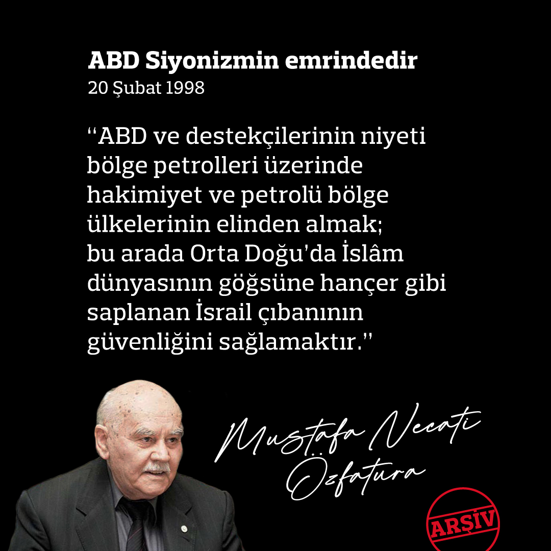 TARİH: 20 ŞUBAT 1998

“ABD ve destekçilerinin niyeti bölge petrolleri üzerinde hakimiyet ve petrolü bölge ülkelerinin elinden almak; bu arada Orta Doğu’da İslâm dünyasının göğsüne hançer gibi saplanan İsrail çıbanının güvenliğini sağlamaktır.”

#Iran #savaş