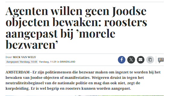 Mirjam152's tweet photo. Ik kan mij niet voorstellen dat een agent zou mogen zeggen dat hij een moskee of islamitisch feest niet wil beveiligen. Dan worden er geen roosters aangepast hoor. Dan wordt zo'n agent op het matje geroepen en wss ontslagen. En terecht. https://t.co/N7WmGBJOAv