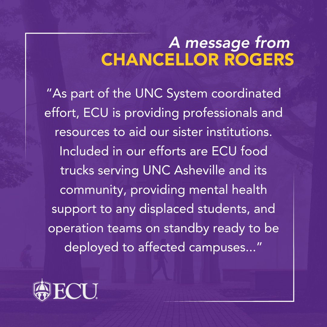 Our thoughts are with those at UNC Asheville, Western Carolina and Appalachian State and everyone affected by this brutal storm.

Read the full message from Chancellor Rogers ➡️ chancellor.ecu.edu