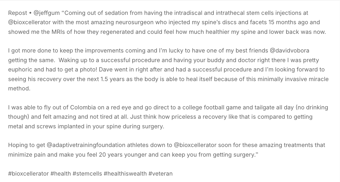 bioXcellerator's tweet image. Have you or someone you know experienced a significant health recovery that changed your perspective on life? What&apos;s the story?
@jeffgumfrogman

#bioxcellerator #health #stemcells #healthiswealth #veteran
