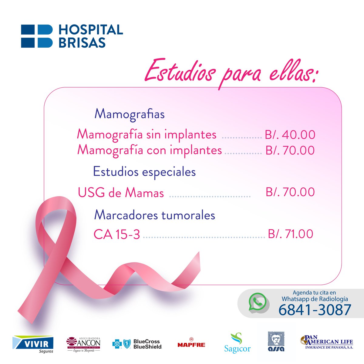 HospitalBrisas's tweet photo. Prevenir es Cuidarte ✨
En Hospital Brisas, tu salud es nuestra prioridad. Aprovecha nuestras tarifas especiales  para la detección temprana.
Cuidarte hoy es proteger tu futuro. Agenda tu cita ya.

📞 Contáctanos al 6841-3087

*Hasta el 31 de diciembre de 2024.

#Octubrerosa https://t.co/ElhDobSzNj
