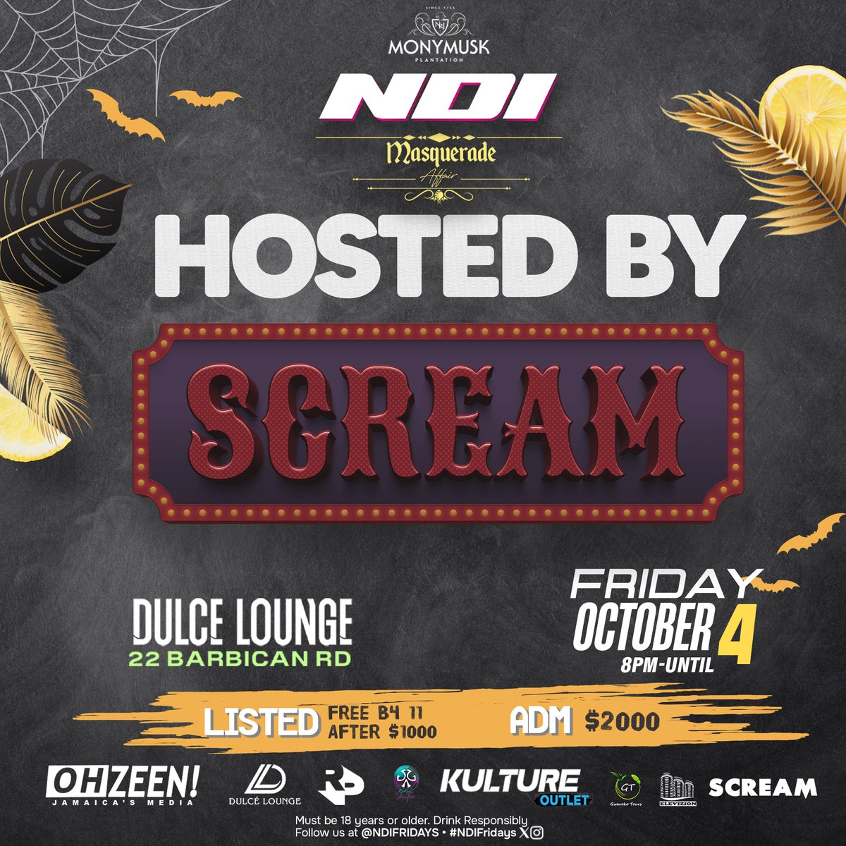 🎭 Unmask the night at #NDIMasquerade Affair!! Hosted by @scream.jm 🌟 Join us at Dulce Lounge on Friday, Oct 4, 8 PM till you say when. #WeAreNdiiche #NDIFRIDAYS #dulce_lounge