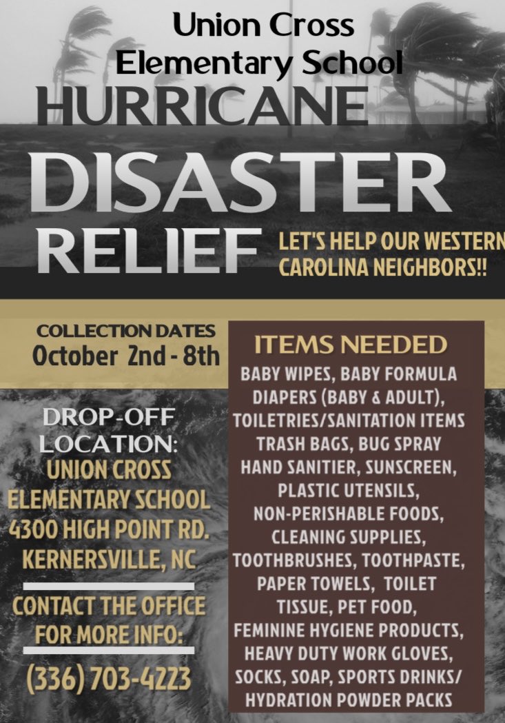 Mrs. Stockton Ed.S (@principaluces) on Twitter photo Join <a href="/TheUnionCrossES/">Union Cross Elementary School</a> as we send needed supplies to our Western Carolina Neighbors! <a href="/wsfcs/">WS/FC Schools</a> <a href="/TriciaTMcManus/">Tricia McManus</a> <a href="/Title1wsfcs/">WS/FCS Title I Department</a> Join <a href="/TheUnionCrossES/">Union Cross Elementary School</a> as we send needed supplies to our Western Carolina Neighbors! <a href="/wsfcs/">WS/FC Schools</a> <a href="/TriciaTMcManus/">Tricia McManus</a> <a href="/Title1wsfcs/">WS/FCS Title I Department</a>