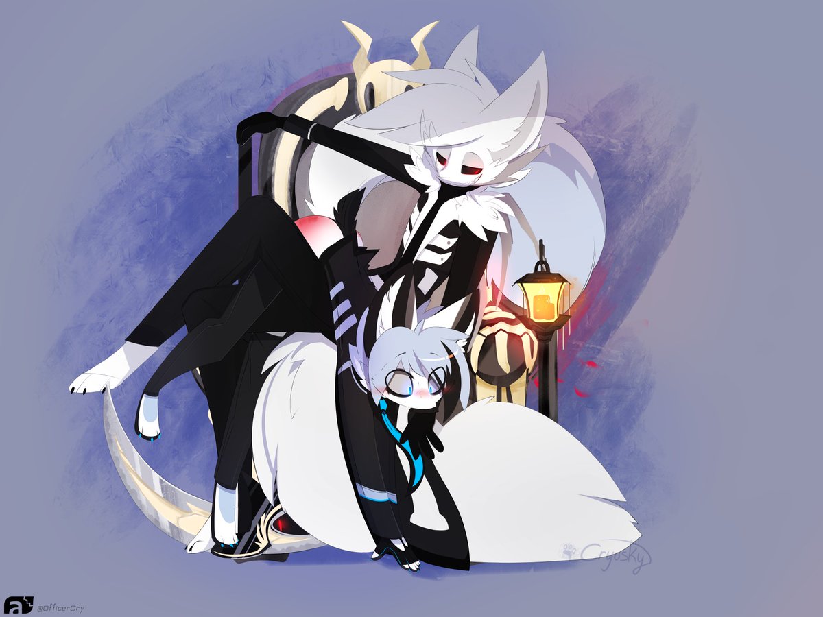 Cryosky's tweet photo. Sepulchre bois Ikiryo Shiriyoku and Boketto Morii. More commonly known by the first halves of their names. 
The grim reaper bois! Boketto is a mix of Sepulchre and a Vryko'vulpe (but not from Vio's coven) Ikiryo is full reaper boi.

#spanking #spank #halloween #furry https://t.co/EvkijW5EEw